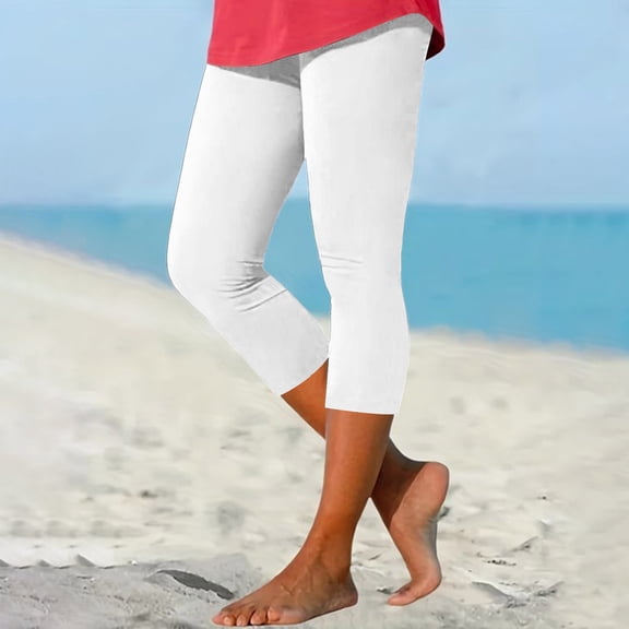 AKEGAMN Casual Print High Waist Elastic Cropped Leggings, White S-3XL