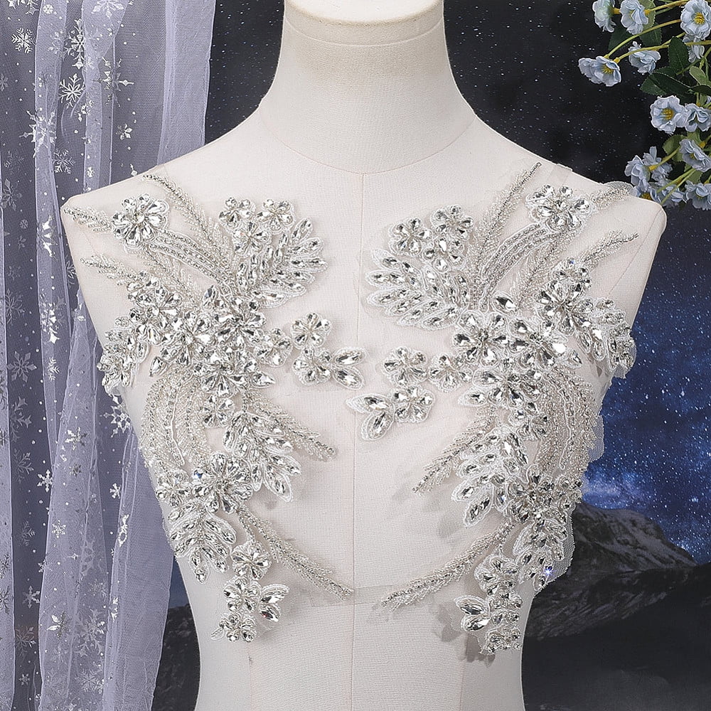 2Pcs Rhinestone Beaded Floral Embroidered Appliques Handmade 3D Shiny Bling Sequins Stone Embroidery Flower Lace Trim Applique Patches for Sewing Making Dress Gowns Wedding Clothes DIY