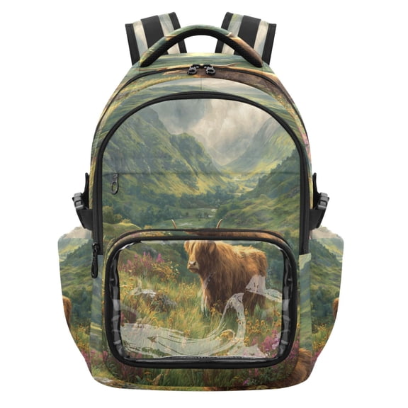 PVC Casual Backpack 25L Daypack with Laptop Compartment Lightweight Travel Backpack for Work Outdoor Activities Cow in Green Rolling Hills