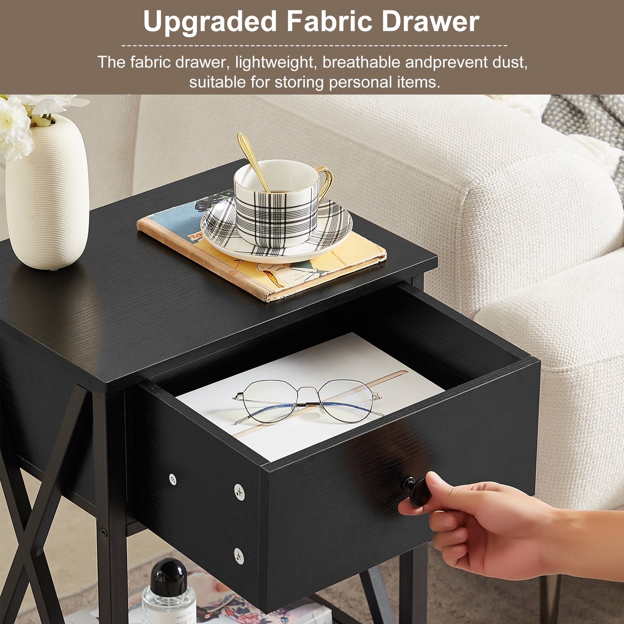VECELO Set of 2 Nightstand with Drawer and Open Storage Shelves, Bedside End Table for Bedroom Living Room, Black