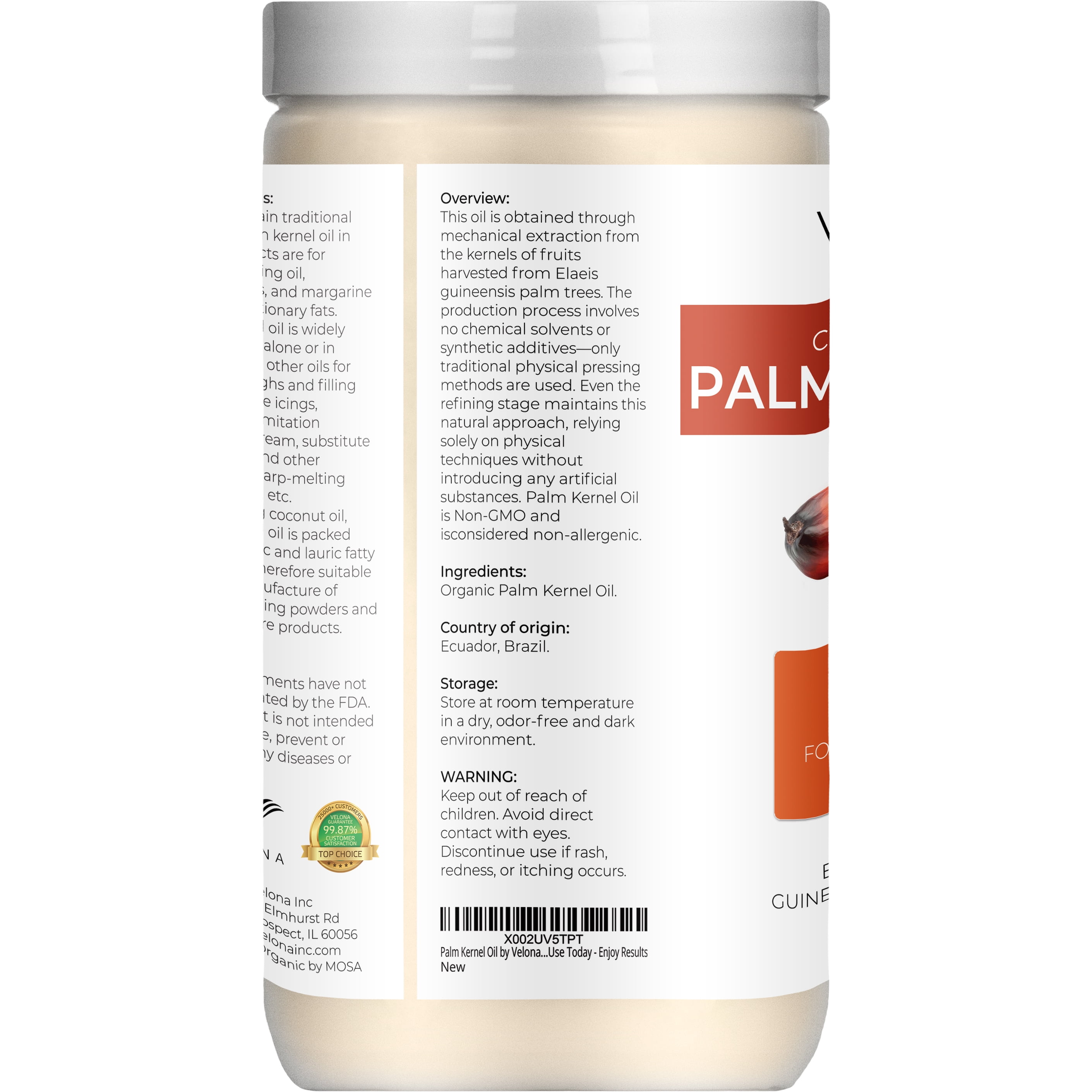 velona USDA Certified Organic Palm Kernel Oil - 64 Fl Oz | 100% Pure and Natural Carrier Oil | Refined, Cold Pressed | Face, Hair, Body & Skin Care | Use Today - Enjoy Results