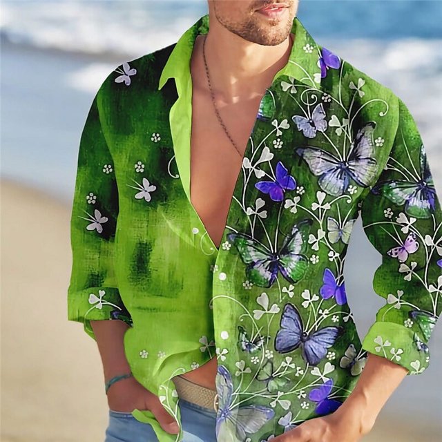 Camisa de manga larga para hombre 2024, tendencia de moda, estampado de flores coloridas con mariposas, gráficos HD, ropa informal para exteriores y calle para hombre