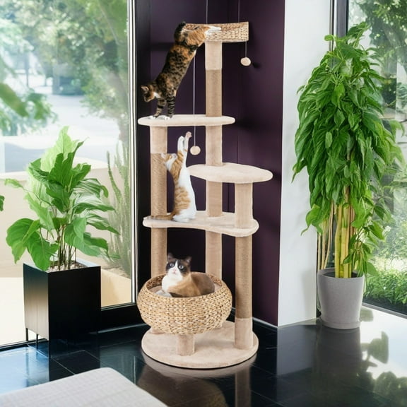 Demi Bonn 63" Cat Tree Tower for Indoor Cats, Cat Condo for Large Cats, Modern Cat Tree House Manual Hand Woven with Sisal, Cat Scratching Post, Beige