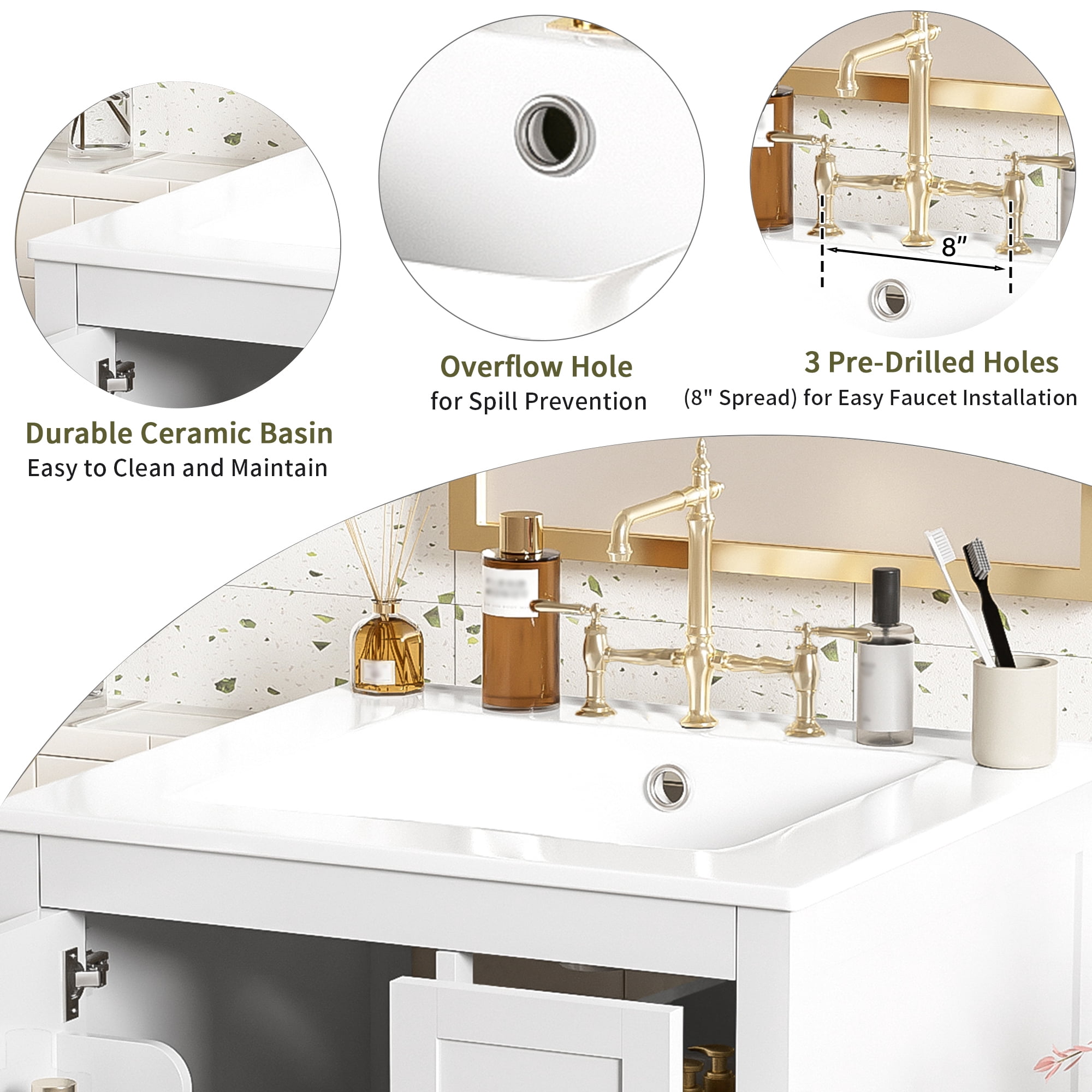 Euroco Modern 24-inch Bathroom Vanity with Ceramic Sink, Soft-Close Door, Double-Layer Door Shelf, and 3 Drawers