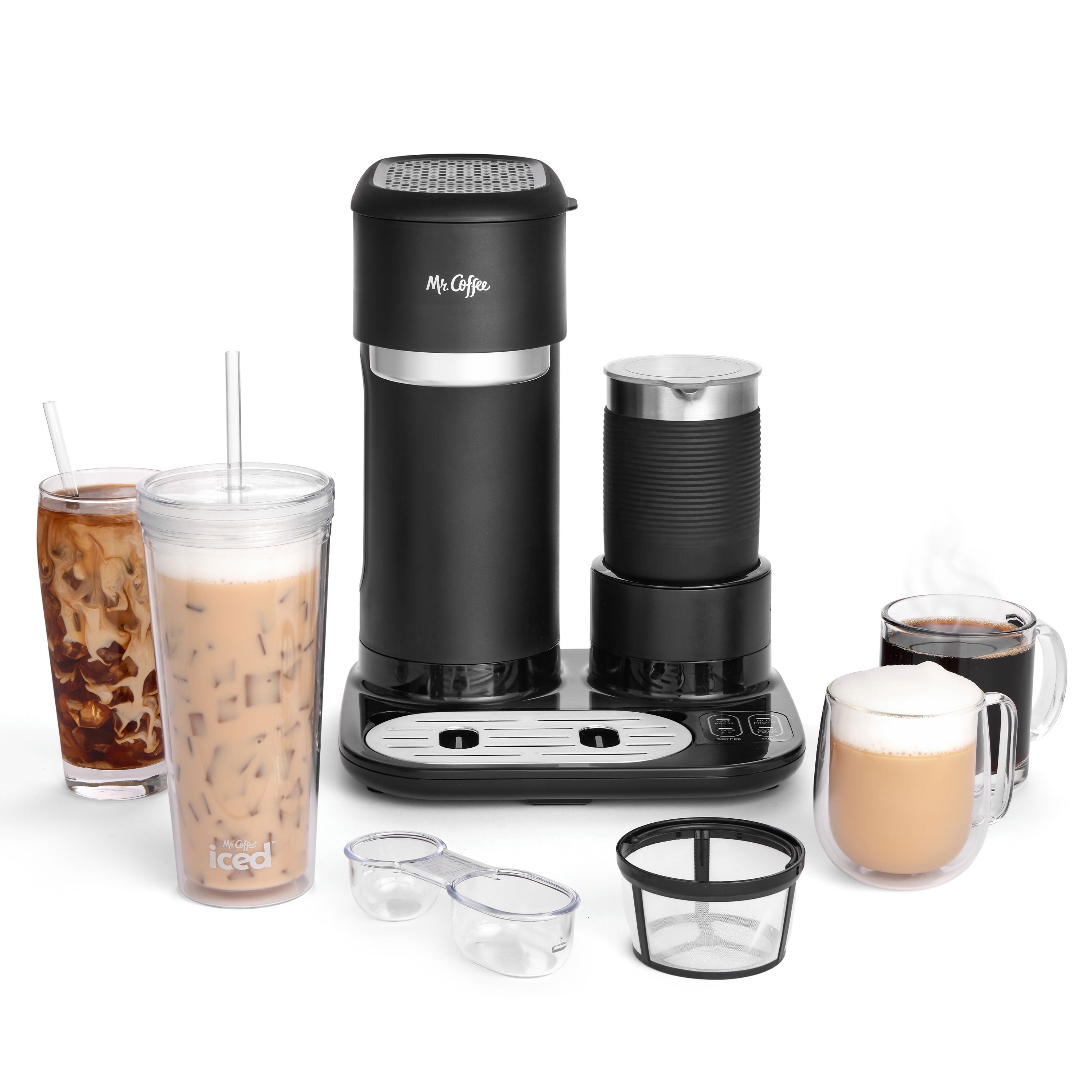 Mr. Coffee 4-in-1 Single-Serve Latte, Iced, and Hot Coffee Maker with Milk Frother, Black