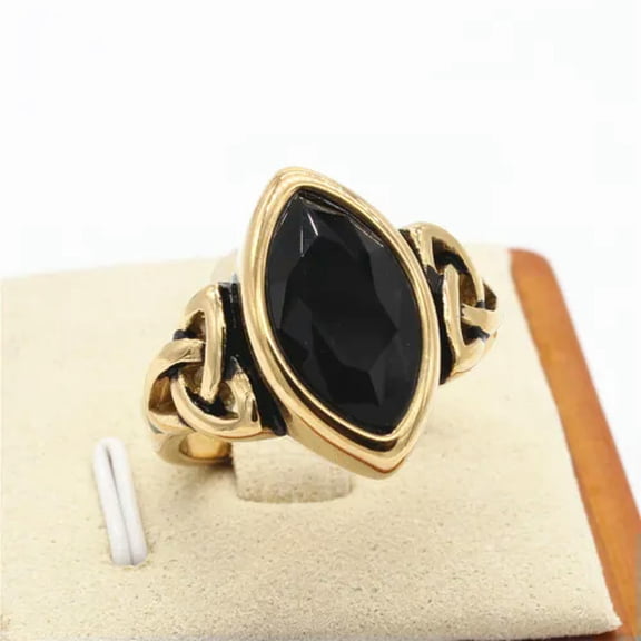QQTDFG Ring for Men Stainless Steel Blue Stone Irish Trinity Knot Party Ring-Gold Black-9