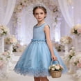 thumbnail image 4 of MGDXOX Girls Sleeveless Lace Bodice Tulle Dress with Pearl Neckline and Floral Lace Hem Formal Party Dress for Wedding Blue 3-4Years, 4 of 7