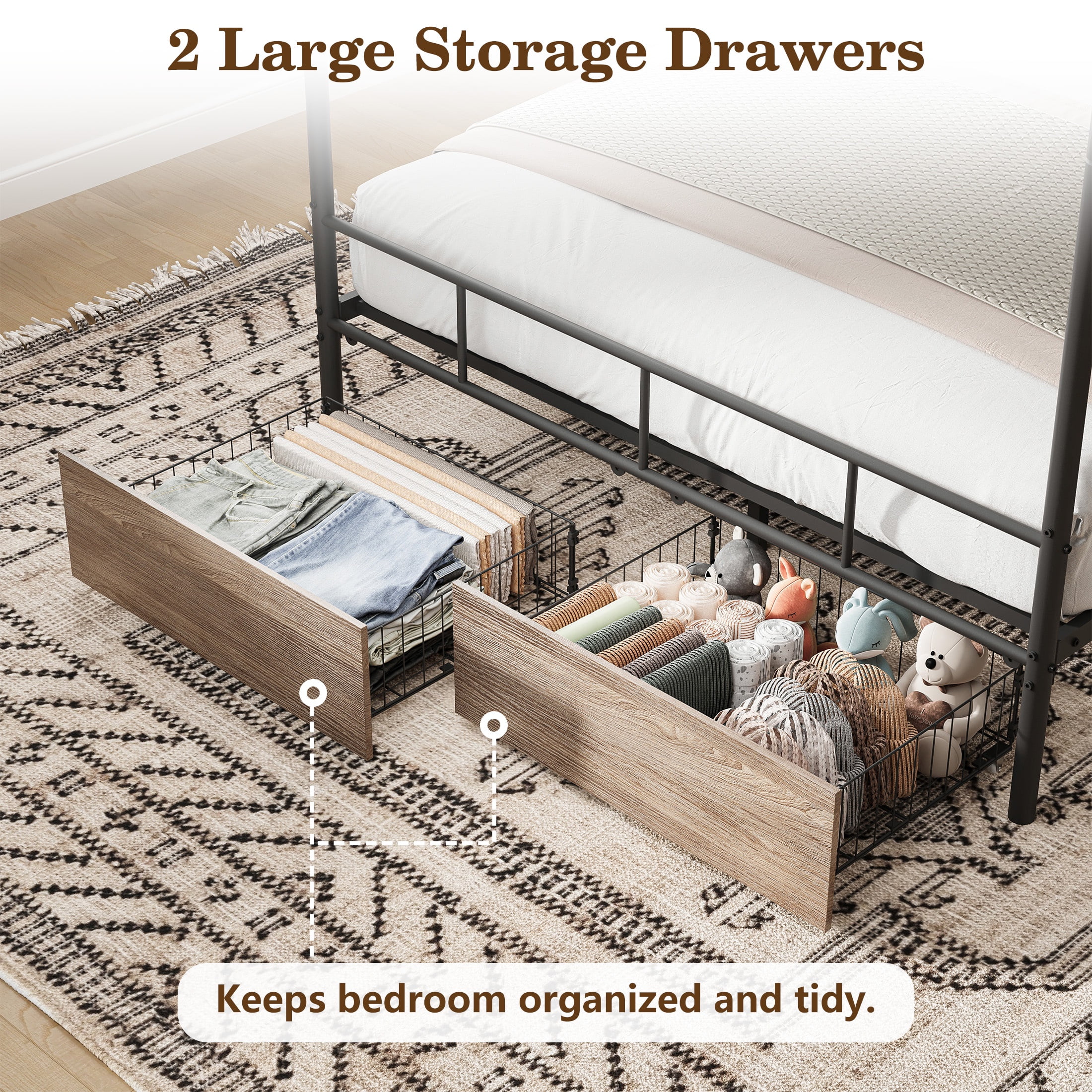 HSUNNS Queen Bed Frame, Queen Size Canopy Bed Frame with 2 Storage Drawers, Wooden Headboard and Footboard, Metal Platform Bed with Under-Bed Storage, No Box Spring Needed, Black+Brown
