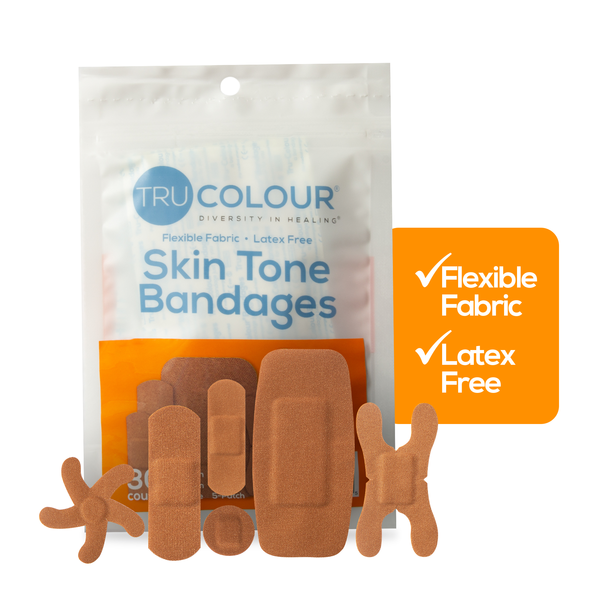 Tru-Colour Skin Tone Bandages Variety Pack, Flexible Fabric Adhesive Strips, 4 Pack