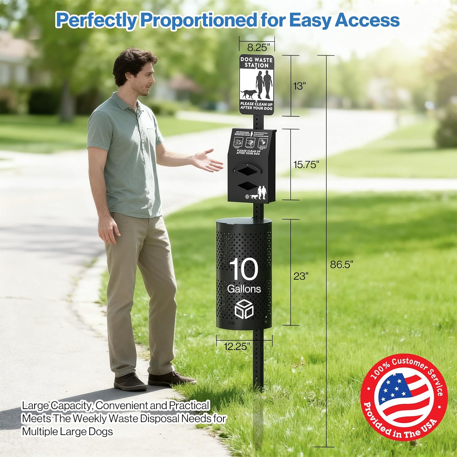 POCHAR Aluminum Rustproof Dog Waste Disposal Station for Pet Parks - 10 Gallon Outdoor Pet Poop Disposal Bin with Reflective Sign & Lid - Included 600 Pet Waste Bags (Black)