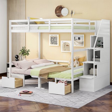Multi-functional Stairway Bunk Bed  Down Bed Can Be Convertible to Seats and Table Set  Wood Full over Full Size Bunk Bed with Staircase and Storage Drawers for Kids Teens  Easy Assembly  White