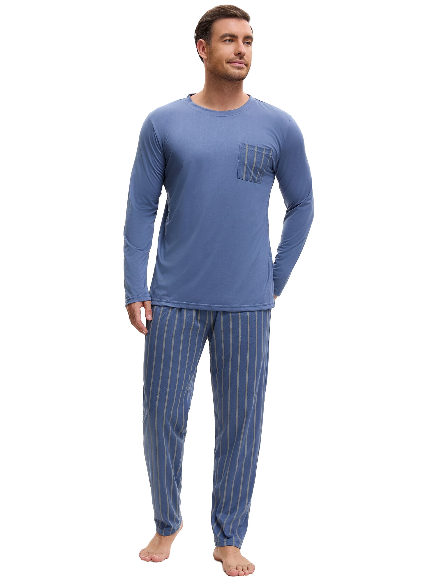 DARING DIVA Men's 2-Piece Long Sleeve Crew Neck Casual Stripes Pajamas Set L Blue Gray