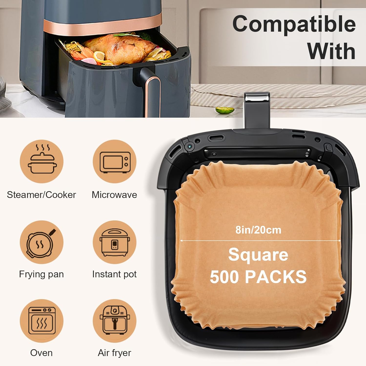 500 Pcs Air Fryer Paper Liners, 8” Square Disposable Parchment Paper Liner for 5-8 QT Air Fryer, Non-Stick, Oil Proof Unbleached Airfryer for Baking, Roasting Microwave