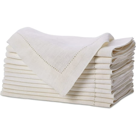 

Genuine Linen - Set Of 12 Cloth With Hemstitch Detail - Hand Crafted Pure Luxury Linen Reusable Lunch Dinner Napkin - Fall Summer Holiday Table - Oversized 20X20 Ivory -