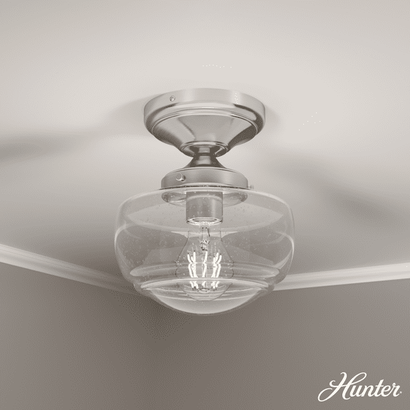 Hunter - Saddle Creek 1-light Brushed Nickel, Small Flush Mount Light, Dimmable, Schoolhouse Style, Schoolhouse Shaped, for Bedrooms, Kitchens, Dining, Living Rooms - 19049