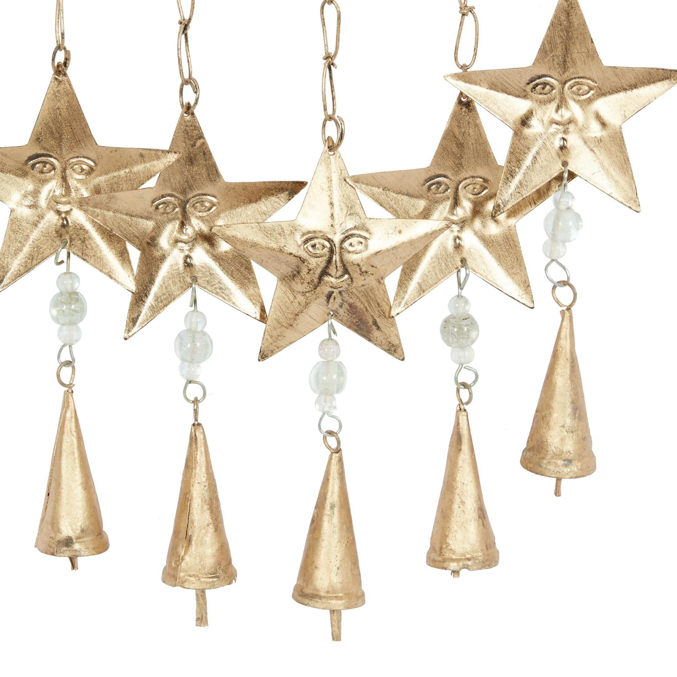 DecMode 35" Gold Metal Handmade Sun and Star Windchime with Glass Beads and Cone Bells