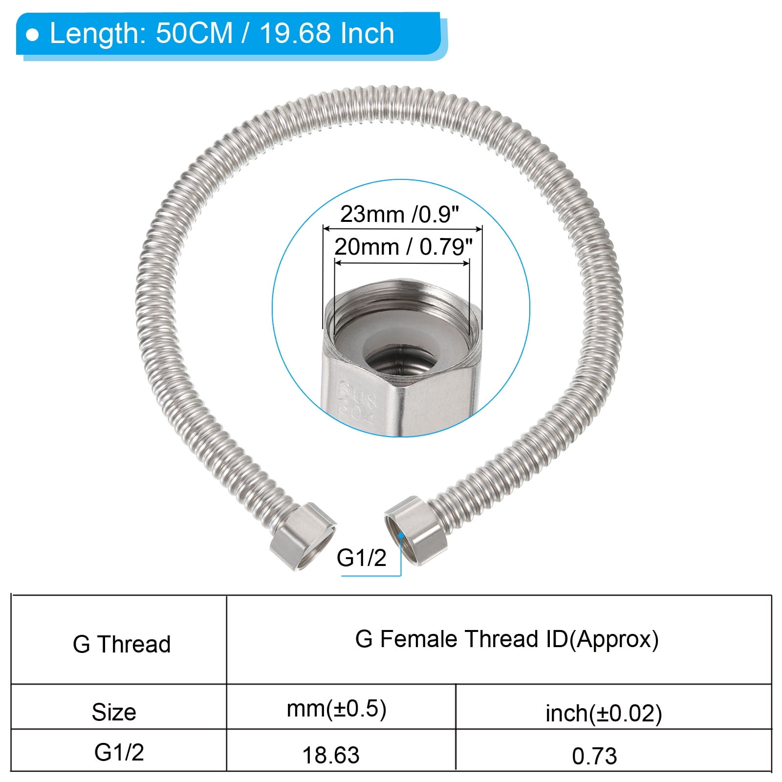 Uxcell G1/2 x 19.68 Inch Flexible Stainless Steel Water Heater Hose, 4Pcs Corrugated Water Heater Connector Hose