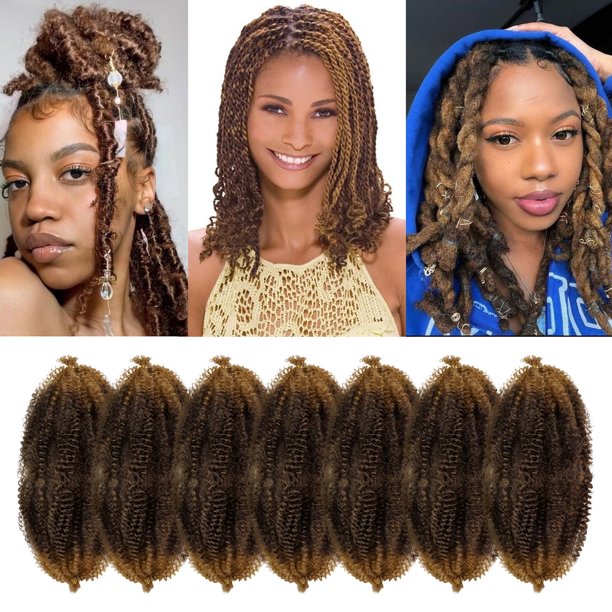 Marley Twist Cabello trenzado 16 pulgadas Springy Afro Twist Hair 7 paquetes Pre Fluffed Spring Twist Hair Ombre Brown Kinky Twist Hair Extensiones de cabello trenzado sintético rizado para mujeres (1
