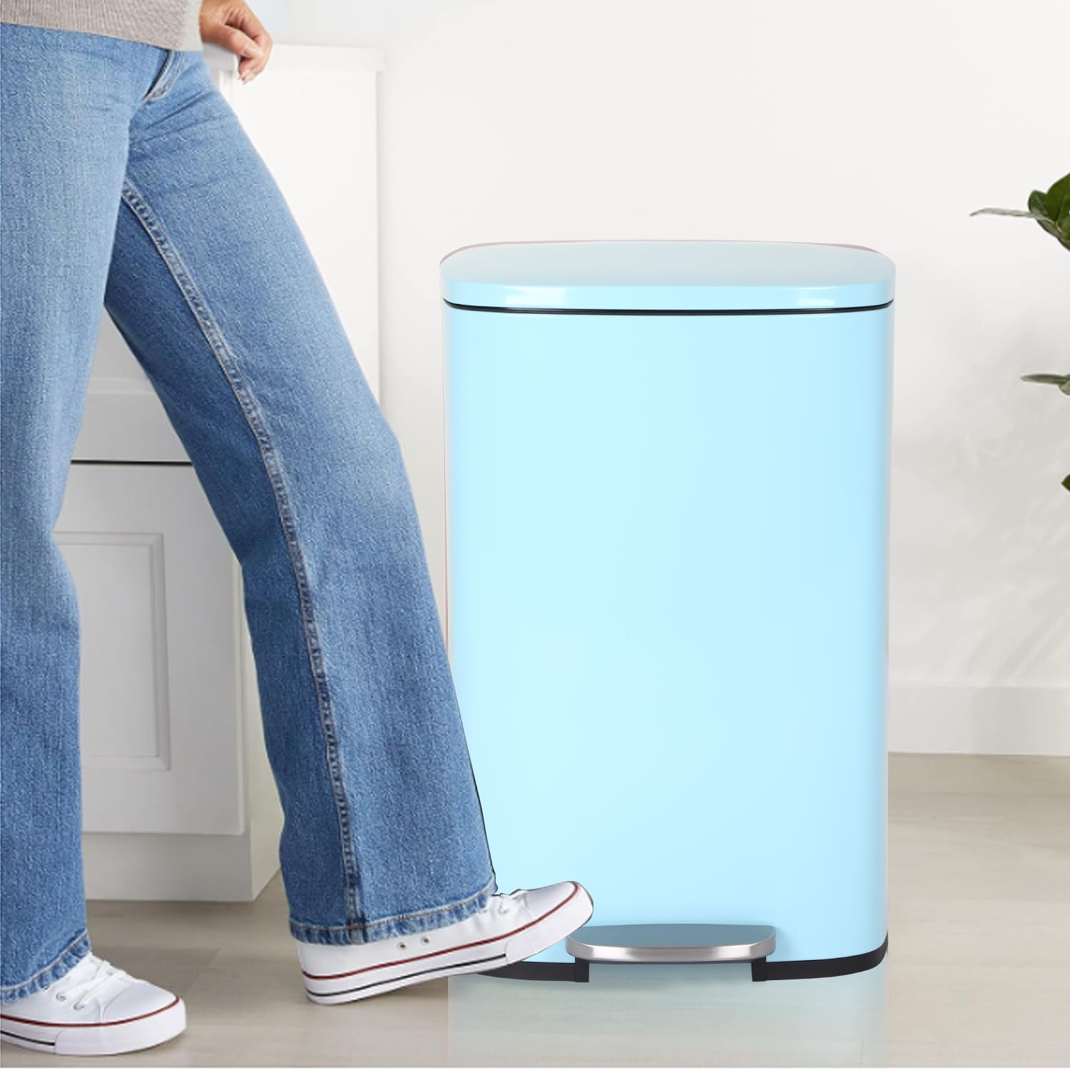 CL.HPAHKL 50 Liter / 13 Gallon Garbage Can, Fingerprint-Proof Garbage Can with Lid Stainless Steel Kitchen Trash Can with Removable Inner Bucket Step Trash Can, Brushed Stainless Steel Finish, Blue