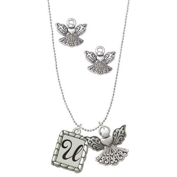 Delight Jewelry Silvertone Pebble Border Initial - U Silver tone Guardian Angel Charm Necklace and Stud Earrings