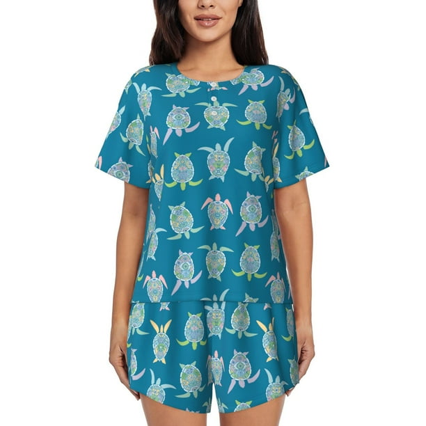 Fotbe Sea Turtle Conjunto de Pijama Estampado para Mujer, 2 Piezas, Ropa de Dormir con Camiseta de Manga Corta y Shorts Suaves-Large