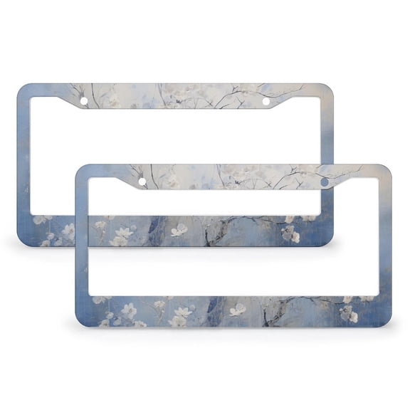 Blue And White Tree Flowers License Plate Frame 2 Pack Watercolor Flower License Plate Frames Cover Holders for Women Men Auto Decoration Hardware 2 Round Holes Aluminum Metal License Plate Frames