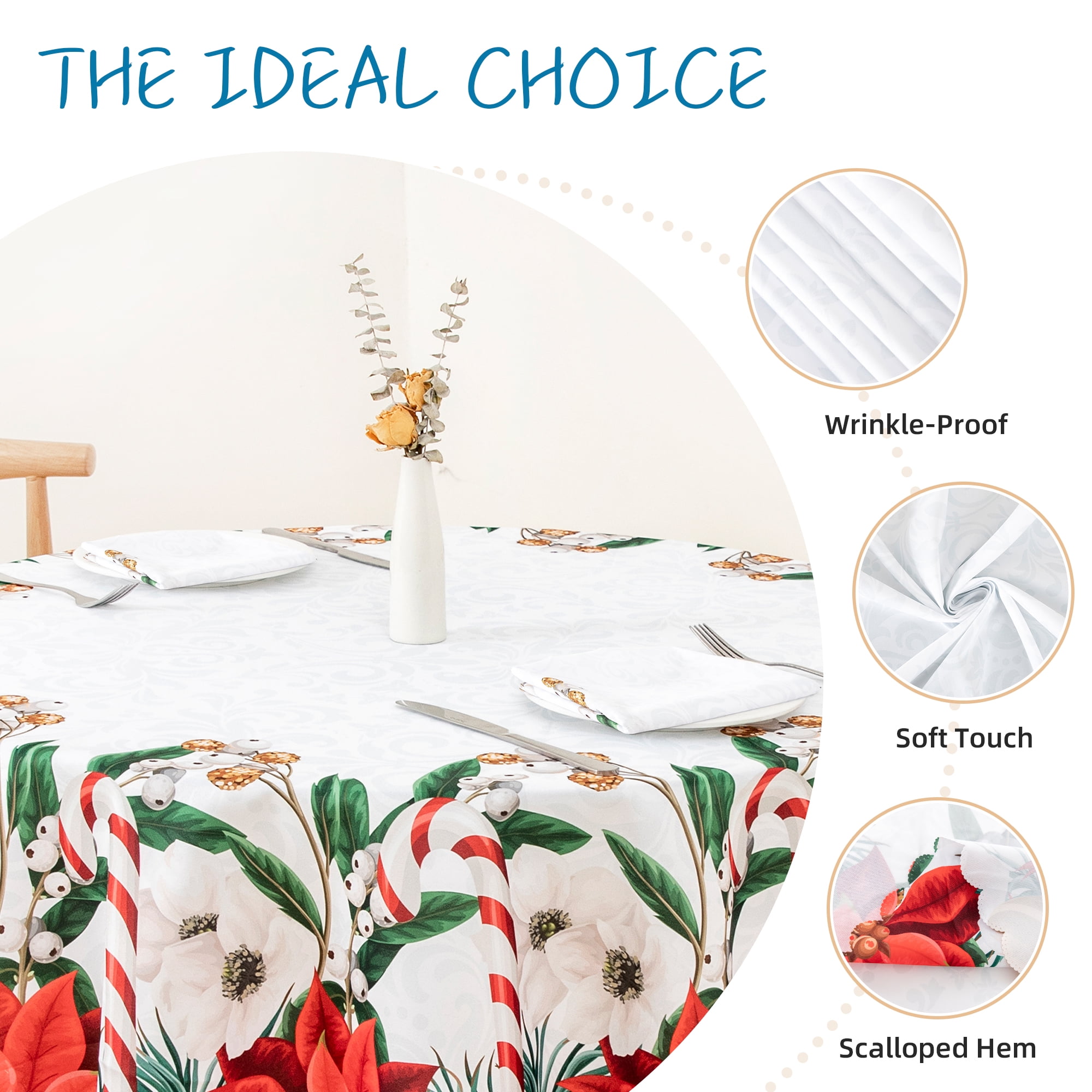 RAY STAR Polyester Christmas Tablecloth 60 inch Round Machine Washable Table Cloths, Thick Can not See Through Heavy Duty Tablecloth