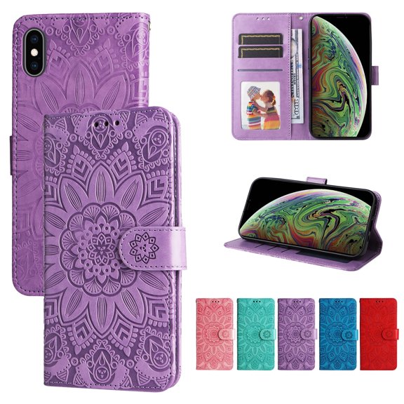 Cutyskin Case for iPhone XS, iPhone X,Wallet Case,PU Leather Flip,Kickstand,Double Magnetic Clasp,Embossed Mandala Flower Lanyard Protective PU Leather Cover For iPhone X/XS, Purple
