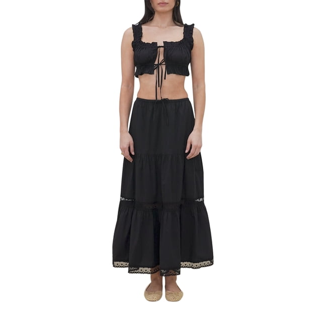 Gupgi Women Flower Embroidery Tie-Up Ruffle Tank Tops Drawstring Tiered Long Skirts 2 Piece Outfits