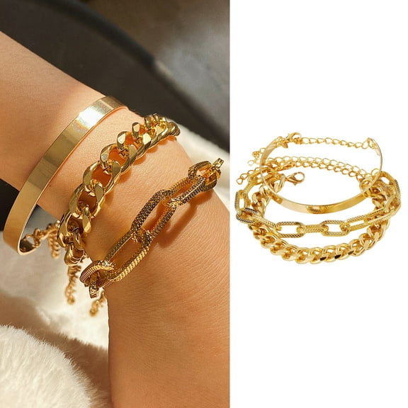 Pebbuoy 3 Pcs/Set Bracelets Multiple Layered Chain Stackable Bracelets Open Cuff Wrap Bracelets Adjustable Fashion Bracelets Gold Girl Cuban Link Paperclip Chain Dainty Bracelet Pack Gifts for Women