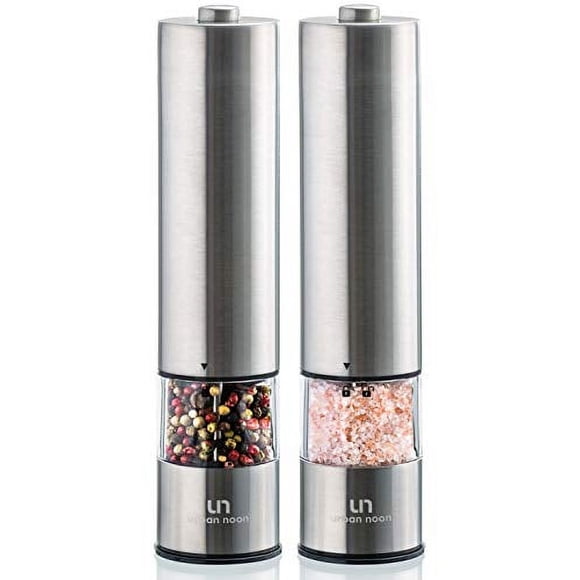 Electric Salt and Pepper Grinder Set - Battery Operated Stainless Steel Mill with Light (Pack of 2 Mills) - Automatic One Handed Operation - Electronic Adjustable Shakers - Ceramic Grinders