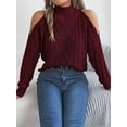 thumbnail image 4 of Womens Cold Shoulder Sweaters 2025 Fall Winter Long Sleeve Soft Chunky Cable Knit Pullovers Jumper Tops Wine Red XL, 4 of 8