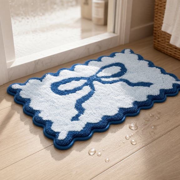 Bow-Shaped Bath Mat, Cute Scalloped Non-Slip Rug, Super Absorbent Microfiber Bathroom Carpet for Soft Comfort Underfoot, Plush Velvet Bow, Machine Washable, Blue