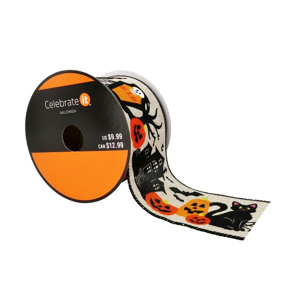 Celebrate It Halloween Spooky Cat and House Wired Ribbon 2.5 in x 20 ft