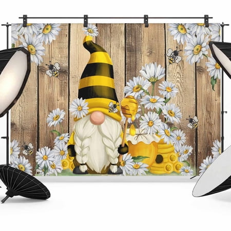 Farmhouse Rustic Photography Backdrop 12x8FT Gnome Daisy Floral Bee Retro Wood Grain Photo Backdrops Background for Photography Studio Photo Studio Background Back Drop for Photoshoot
