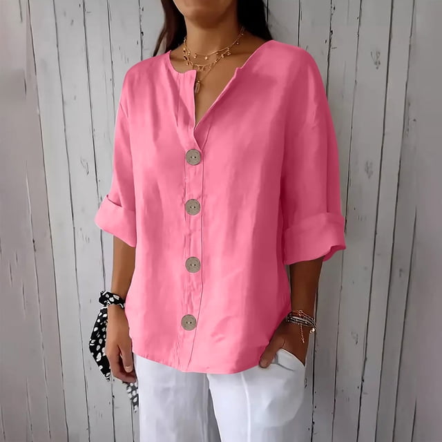 mfyjkho Tops Para Mujer, Blusa Holgada De Lino Con Cuello En V, Manga Tres Cuartos Y Botones Decorativos Para Mujer. Tops Y Blusas Para Mujer Xxxl