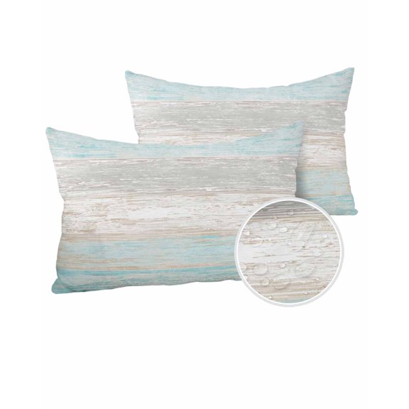 Outdoor Pillows Waterproof, Vintage Teal Grey Throw Pillows with Inserts Included, Farmhouse Barn Wooden Striped Indoor Outdoor Decorative Lumbar Pillow for Bed/Couch/Patio 12"x20", 2Pcs