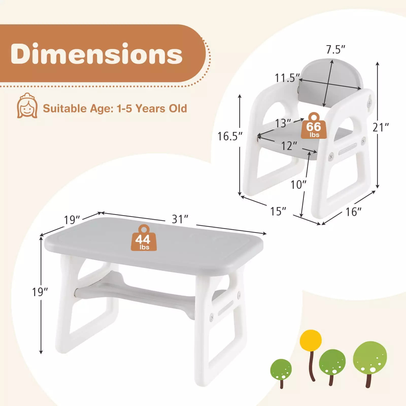 Auranook 3-Piece Kids Table and Chairs Set, Toddler Activity Table with 2 Chairs for Reading, Playing, Storage Rack,Drawing,  Pyramid Building Blocks Set