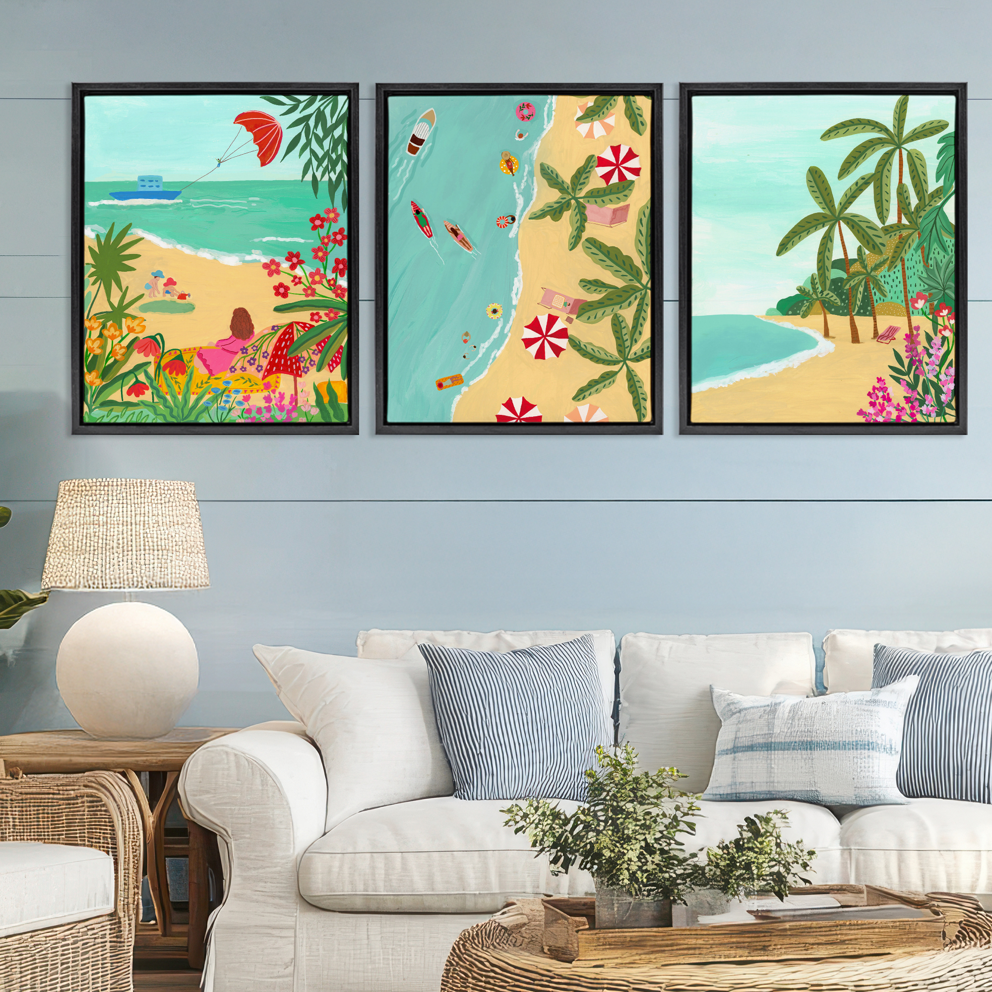 Busy Beach And Flowers 3 Piece Black Framed Floater Canvas Set, design by Nabeela Rumi
