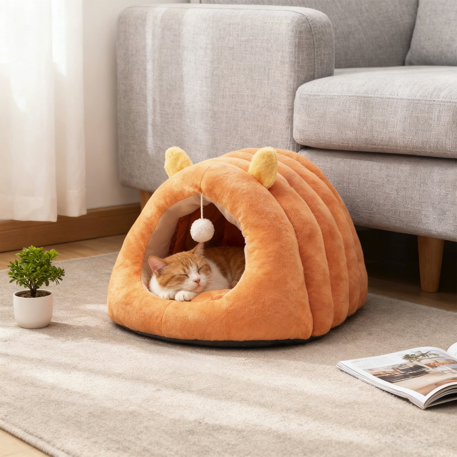 Cat Bed Upgraded Warm Pet Bed For Winter, Calming Plush Anti-Anxiety Cuddler, Removable Cushion, For Cats Dogs Under 6 Pounds Home Decor