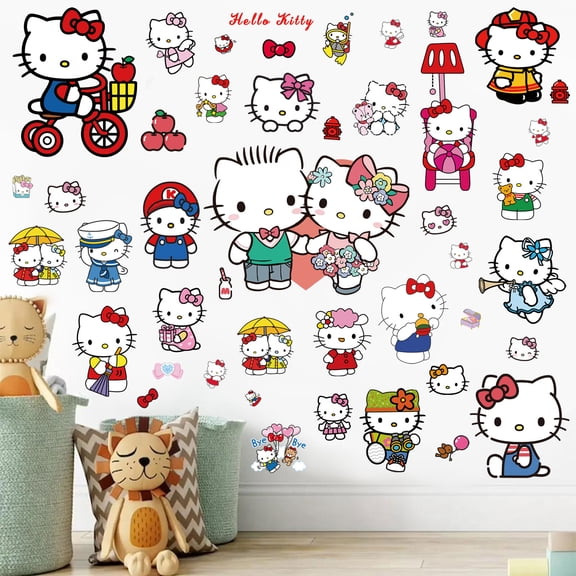 46 Pcs For Hello Themed For Kitty Wall Stickers – Cartoon Character Wall Decals for Living Room, Bedroom, Playroom Decor, 9.84x17.72 Inch, 4 Sheets Set