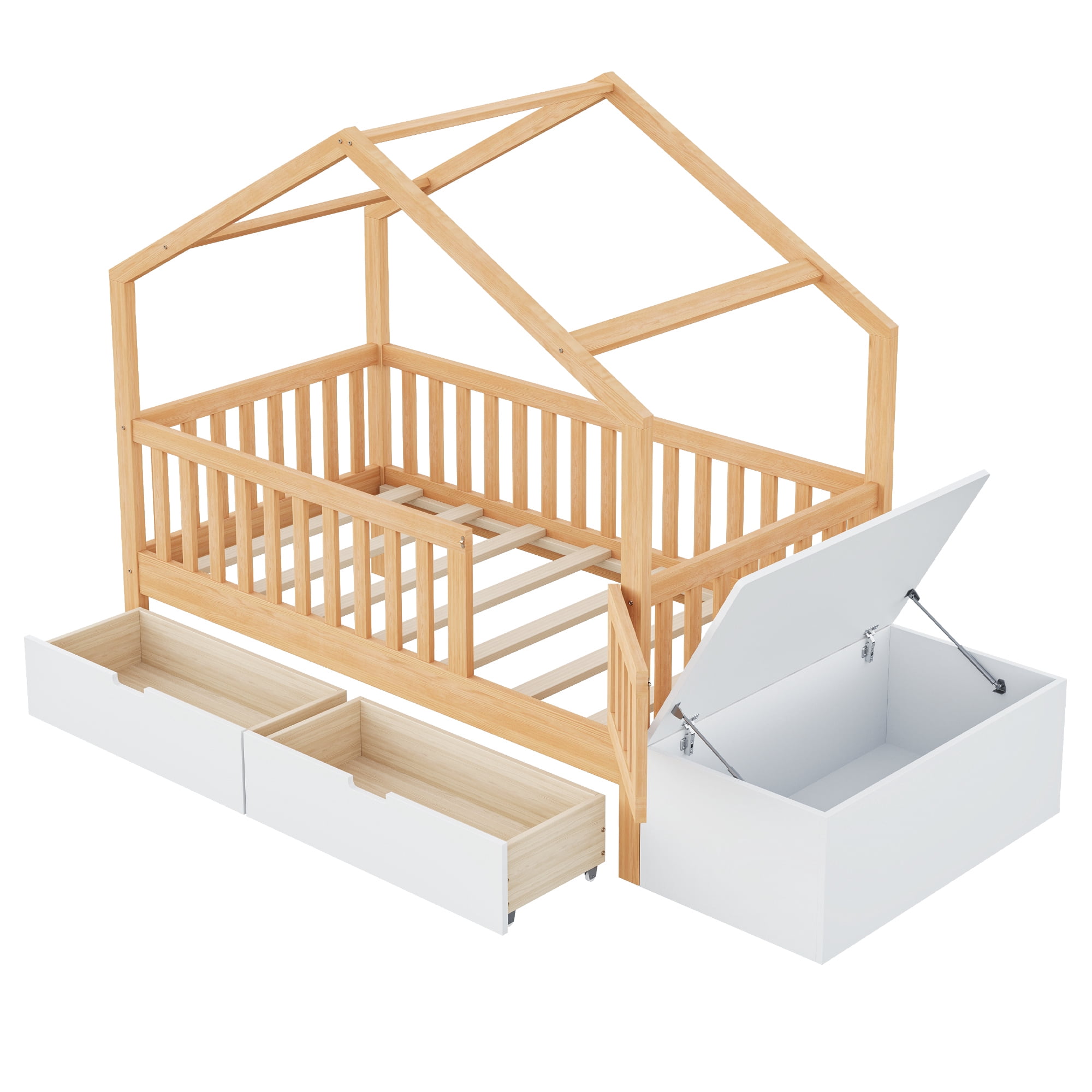 Euroco Wood Toddler House Bed with Drawers and Lift Up Chest, Natural Wood