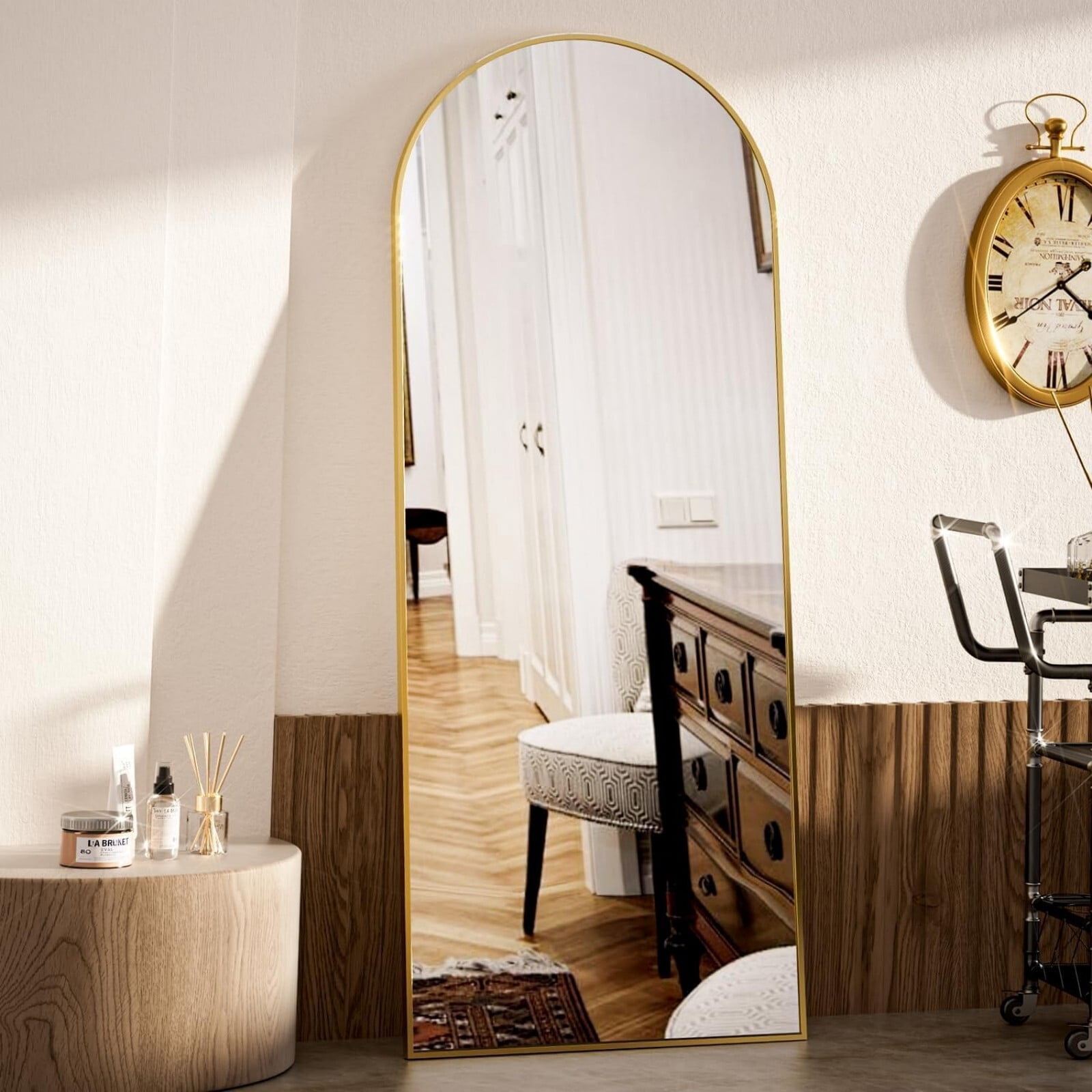 BEAUTYPEAK 71"x 26" Arched Full Length Aluminum Alloy Floor Mirror with stand, Gold