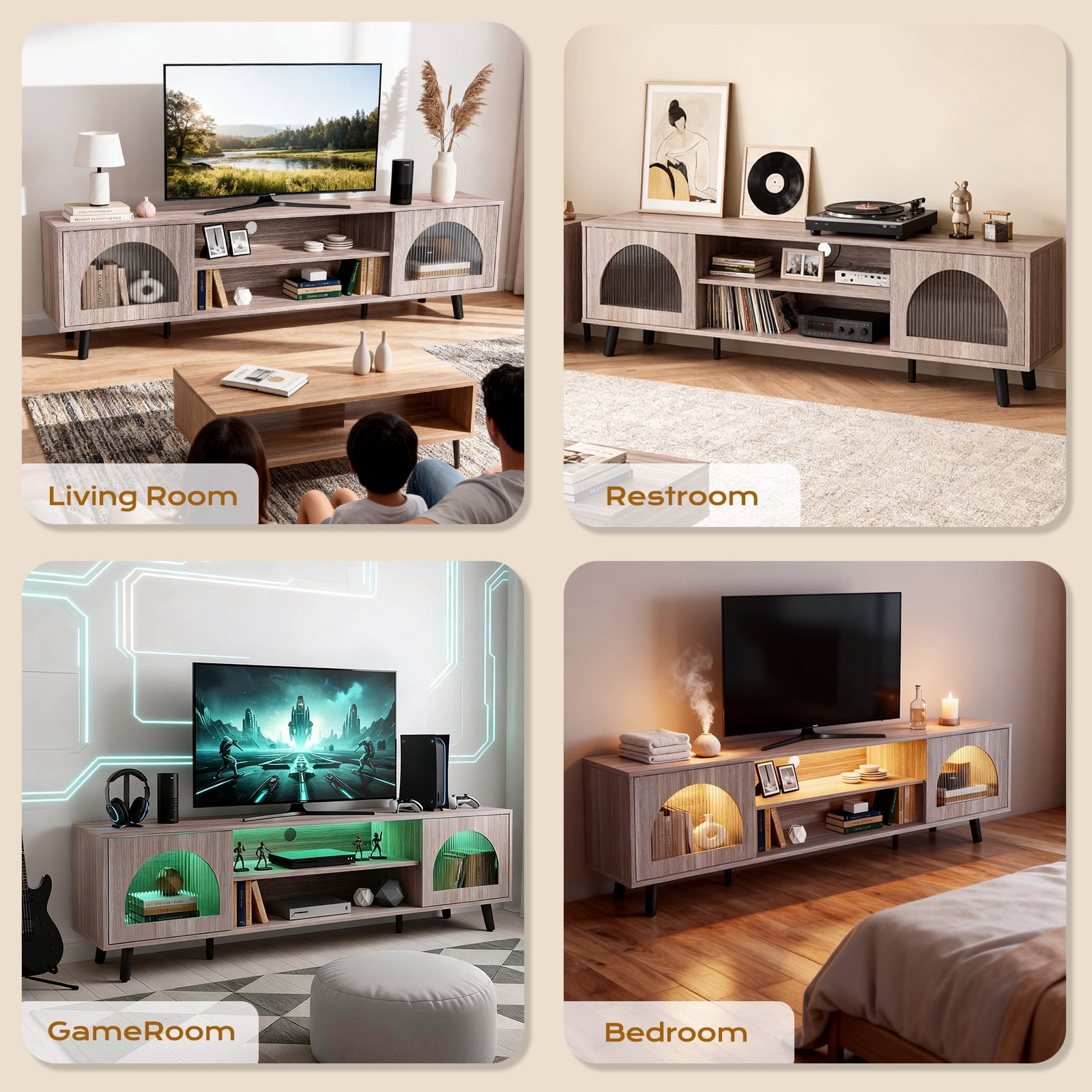 Ktaxon Modern LED TV Stand with 2 Fluted Arched Doors, 63" Entertainment Center Media Gaming Console for 55/60/65" TVs with RGB Lighting, Washed Gray