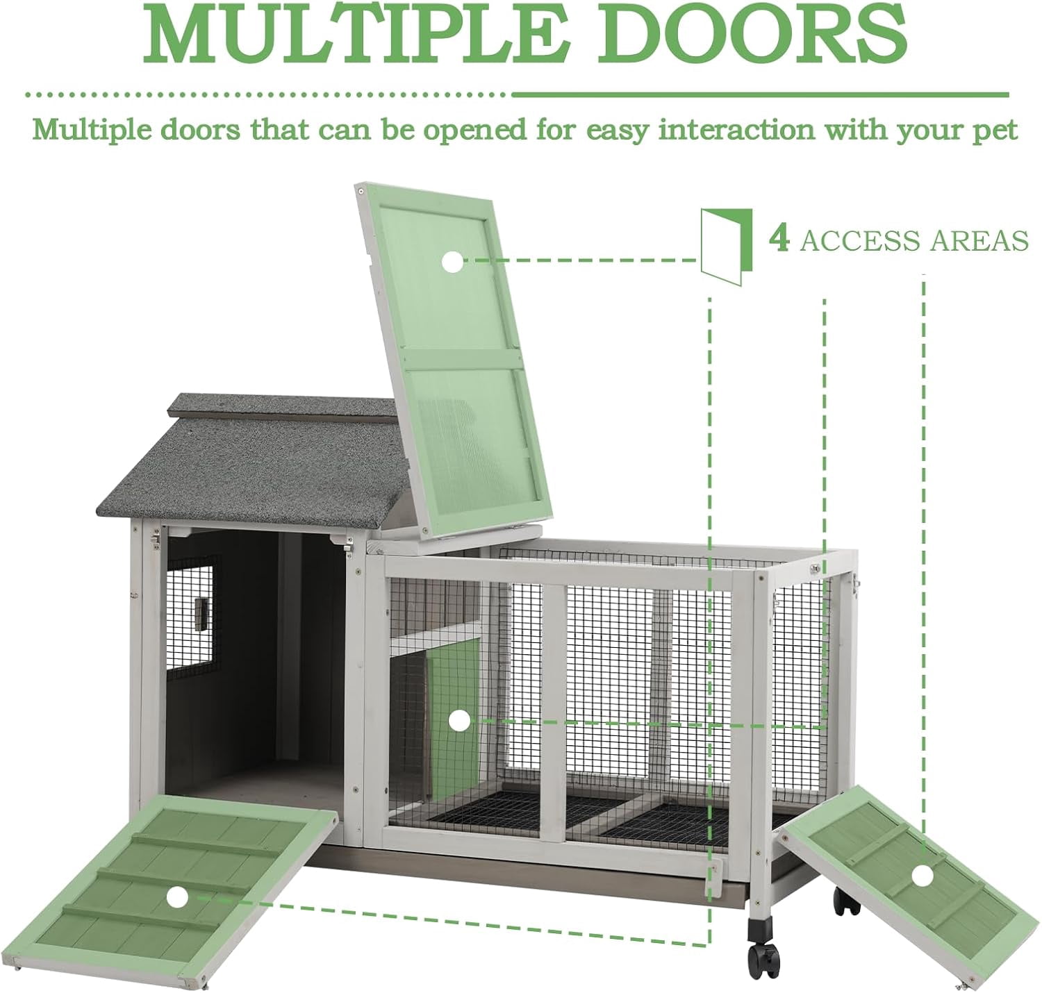 Gowoodhut Rabbit Hutch Indoor and Outdoor with 4 Wheels,Wooden Rabbit Cage  for 1-2 Rabbits,Bunny Hutch with Asphalt Roof Suitable ,Grey