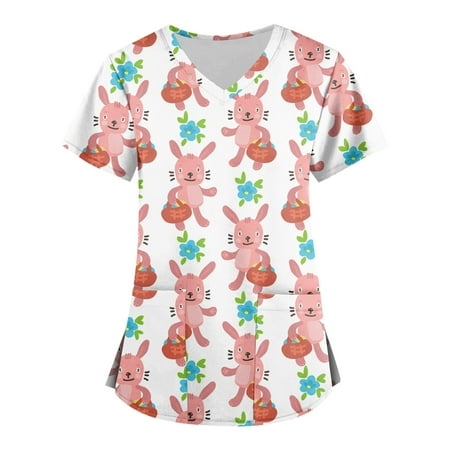 

Mlqidk Easter Printed Scrub Tops for Women Breathable Easter Eggs Bunny Pattern V-Neck T-Shirts Tee Scrubs Top with Pockets