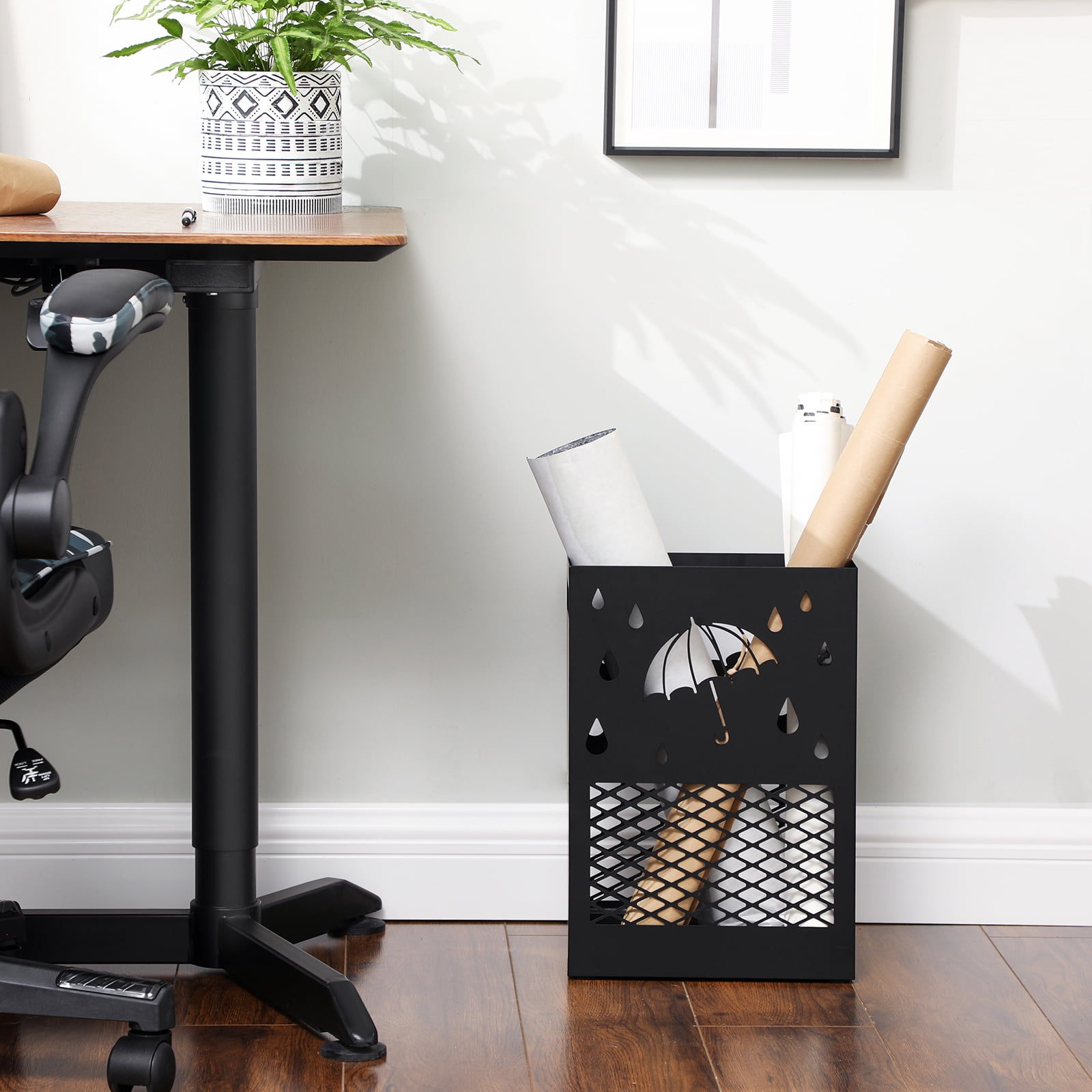 SONGMICS Metal Umbrella Stand, Rectangular Umbrella Holder Rack, with a Removable Drip Tray, 4 Hooks, Cutout Design, for Entryway, Office, Black