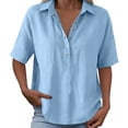 thumbnail image 4 of Fgvctg Cotton Linen Polo Shirt Half Button Placket Placket Lightweight Gauze Tees Elbow-Length Sleeve Blouses Lightweight Linen Loose Linen Tunic Casual Tops Plus Size Blouse Light Blue 2XL, 4 of 7