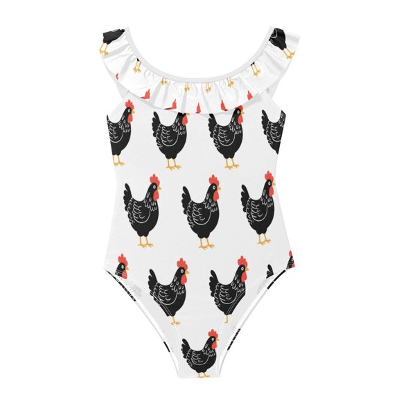 Girls Ruffled One Piece Swimsuit Summer Beach Vacation Swimwear Tank Swimsuit Black Hen Pattern