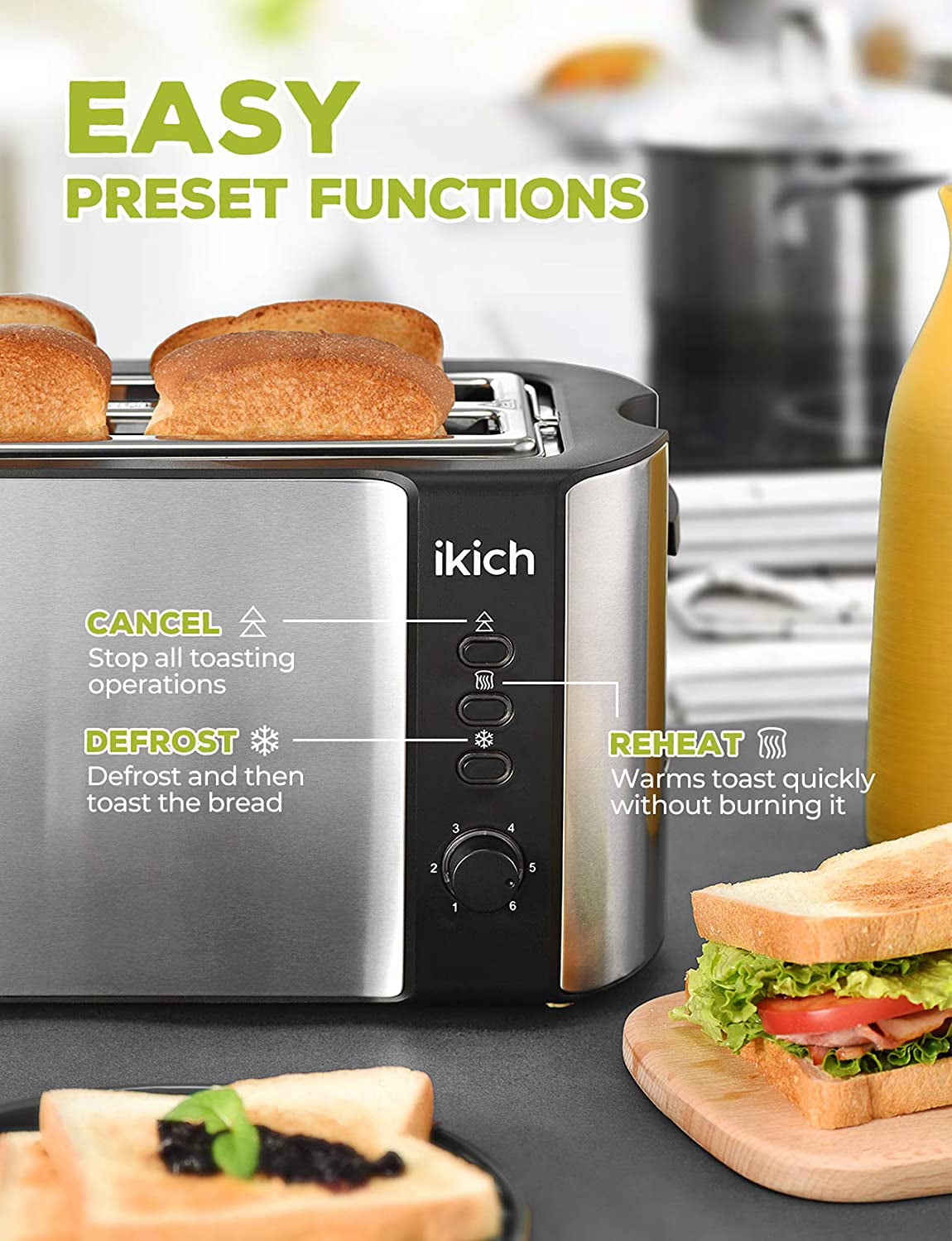 Ikich 4 Slice Long Toaster, 2 Long Wide Slot Toaster w/Warming Rack, 6  Browning Control, Defrost/Reheat/Cancel, Compact Countertop Stainless Steel  Toaster for Artisan Bread, Muffin, Croissant, Bagel - Costless WHOLESALE -  Online Shopping!